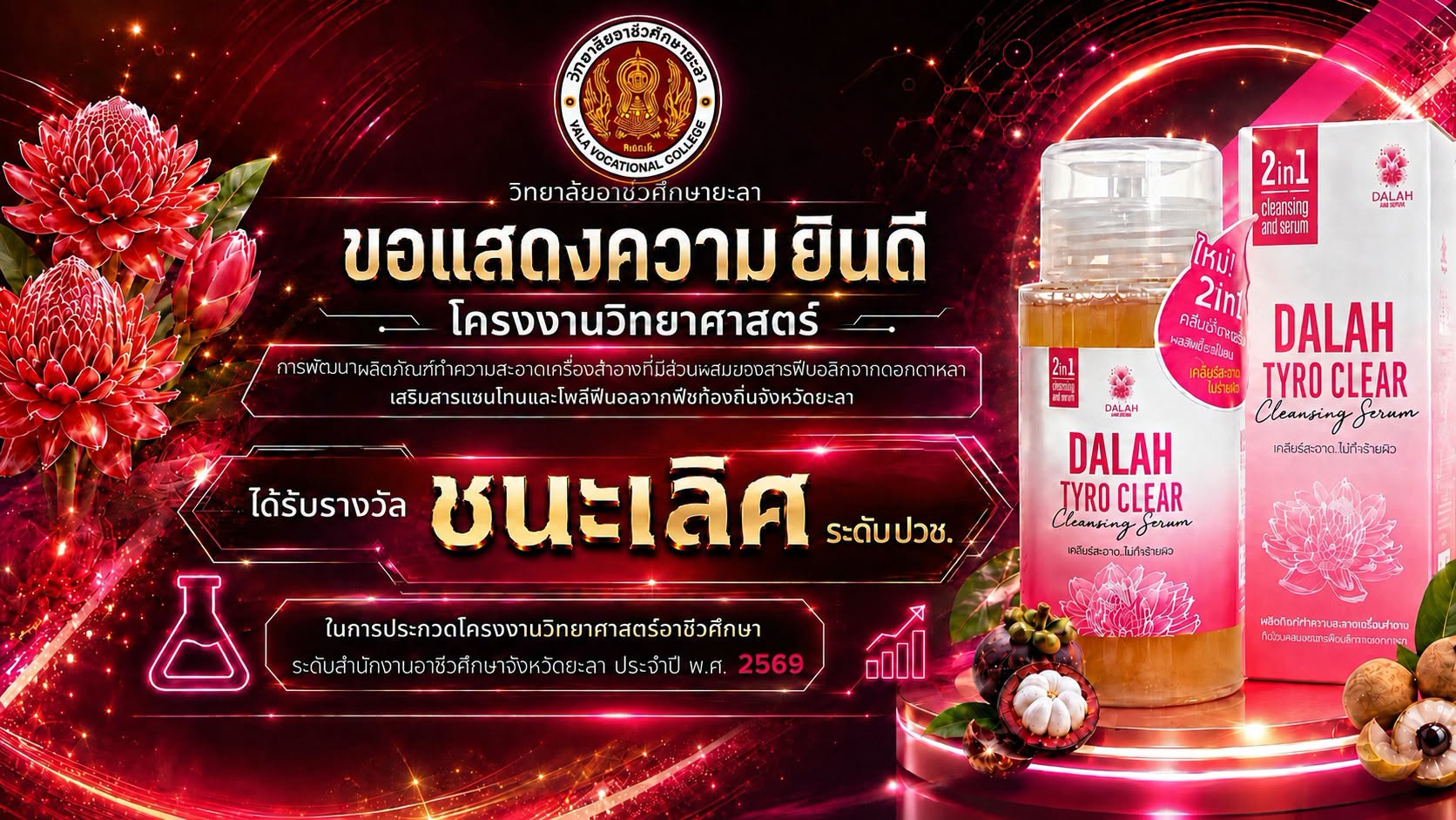 ขอชื่นชมและแสดงความยินดี กับคุณครูและนักศึกษา ตัวแทนวิทยาลัยอาชีวศึกษายะลาได้รับรางวัลในการประกวดโครงงานวิทยาศาสตร์อาชีวศึกษา ระดับอาชีวศึกษาจังหวัดยะลา ประจำปีการศึกษา 2569